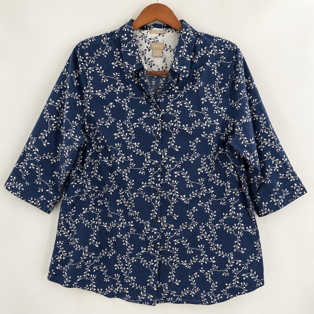 Chico's Coastal Grandma Vine Print Shirt Womens 3 XL Blue No Iron Cottagecore